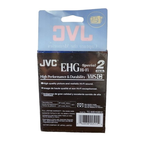JVC Compact VHS 90 min EHG Hi-Fi VHS C-2 Pack-Camcorder Tape TC-30 NEW Sealed - Picture 2 of 2